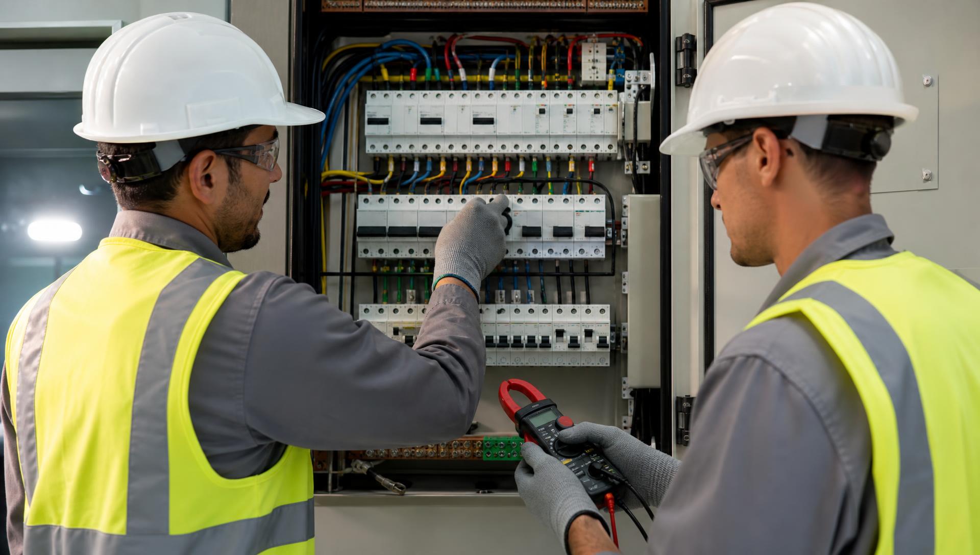 Técnicos com EPI completos trabalhando em quadro elétrico moderno com disjuntores e fiação organizada